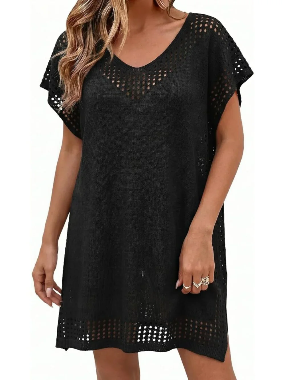 Women's Thin Black One Size Polyester Crochet Summer Swimsuit Coverup Dress